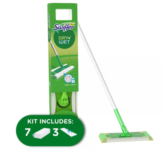 Swiffer Sweeper 2-in-1, Dry and Wet Multi Surface Floor Cleaner, Sweeping and Mopping Starter Kit. Includes 1 Mop + 10 Refills