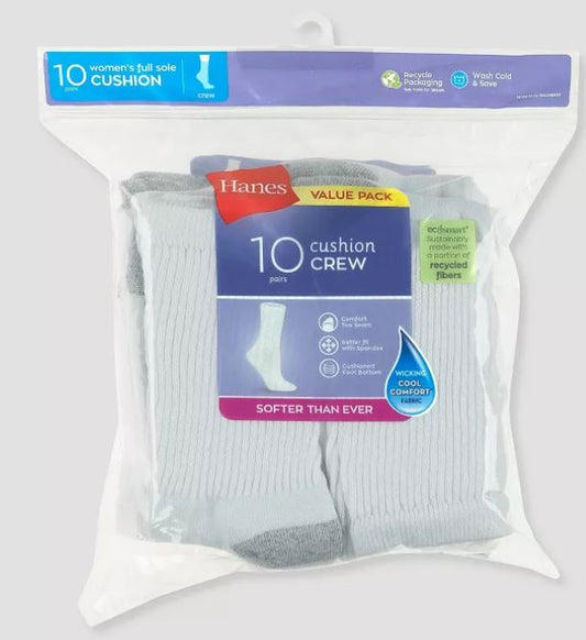 Hanes Women's Extended Size Cushioned 10pk Crew Socks - 8-12