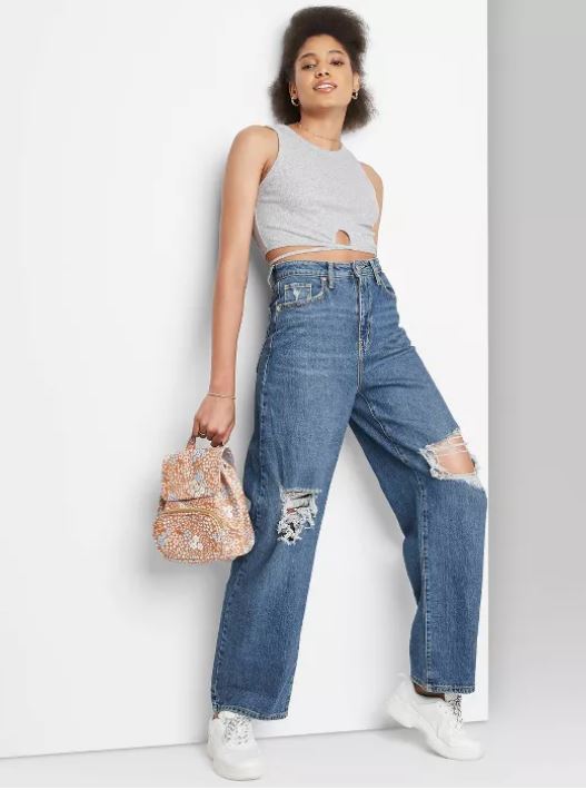 Women's Super-High Rise Distressed Baggy Jeans - Wild Fable™ Medium Blue Size 4