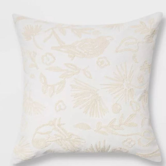 Oversized Embroidered Bird and Botanical Pattern Square Throw Pillow