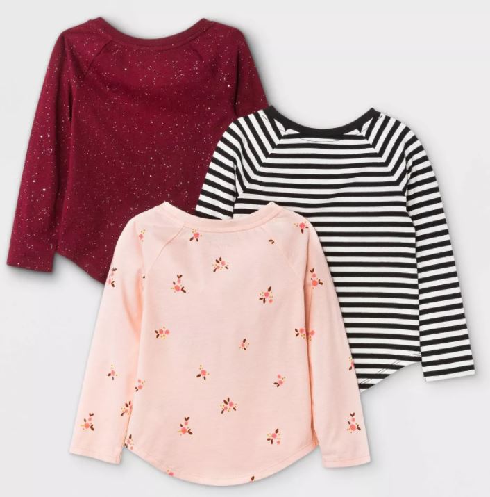 Toddler Girls' 3pk Floral Sparkle Striped Long Sleeve T-Shirt - Cat & Jack™ Pink/Burgundy/Black