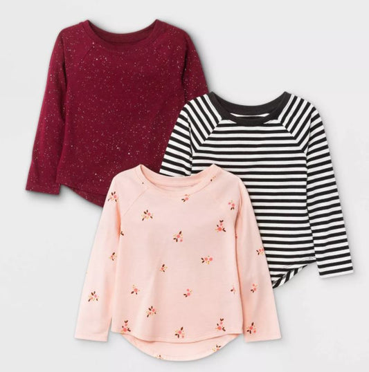Toddler Girls' 3pk Floral Sparkle Striped Long Sleeve T-Shirt - Cat & Jack™ Pink/Burgundy/Black