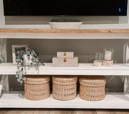 11" x 9" Oval Decorative Lidded Open Weave Basket Natural - Threshold™ designed with Studio McGee